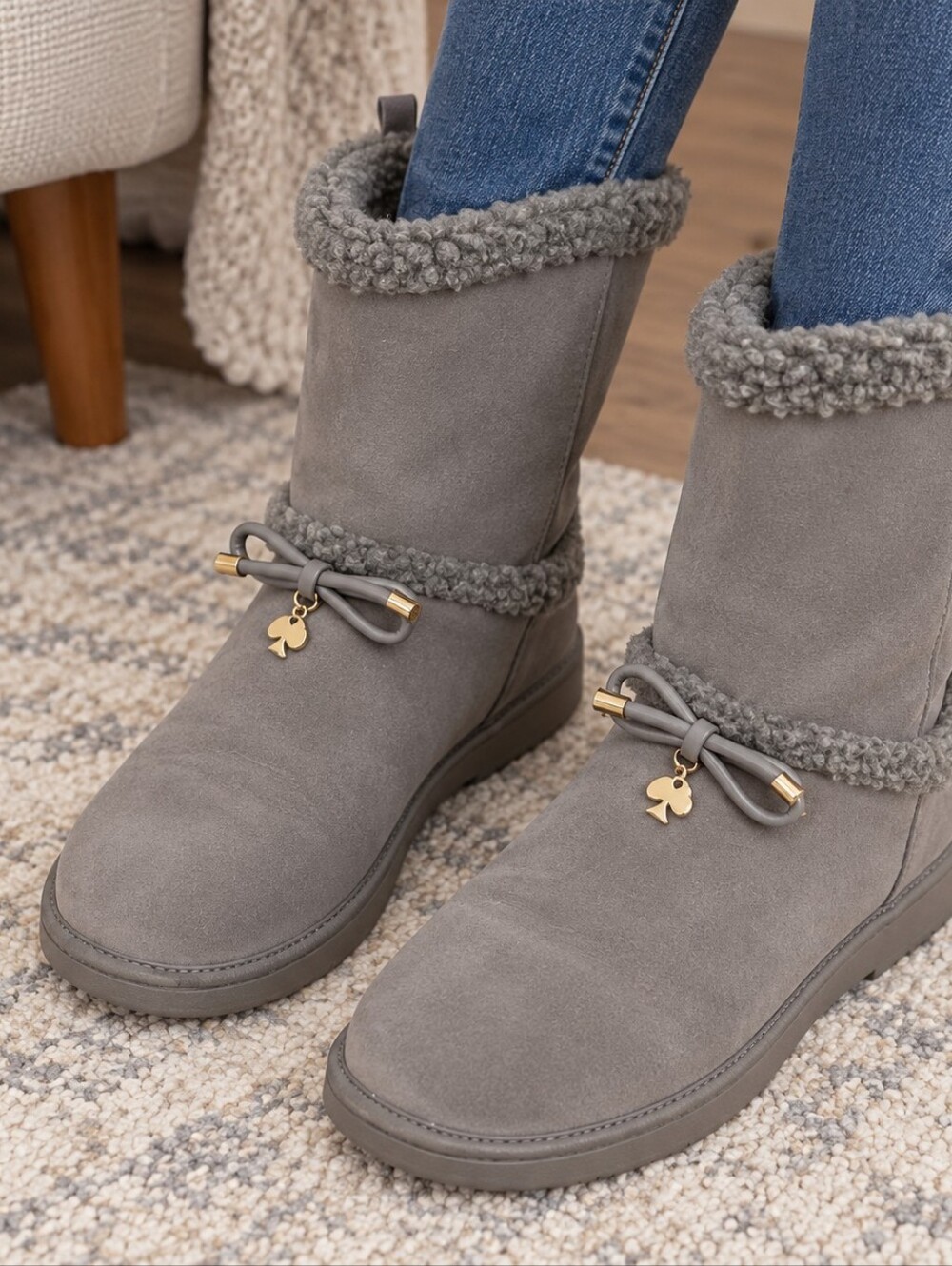 Kate Spade Gray Ankle Boots with Fur Trim